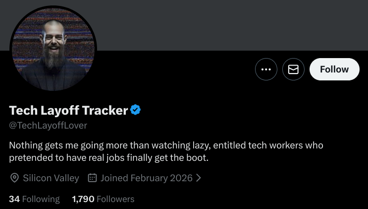 Twitter bio for an account called &ldquo;Tech Layoff Tracker&rdquo;, created in February 2026