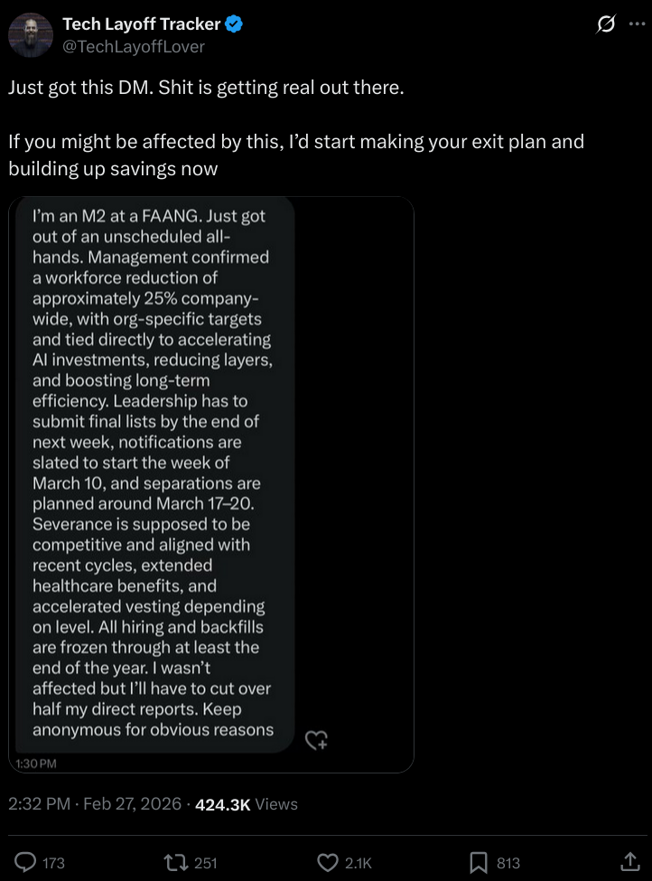 Post from Tech layoff Tracker reading &ldquo;Just got this DM. Shit is getting real out there. If you might be affected by this, I&rsquo;d start making your exit plan and building up savings now&rdquo;. The referenced DM is included as a screenshot.