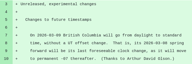 GitHub diff showing an announcement of changes to future timestamps for British Columbia, which is transitioning to permanent daylight time