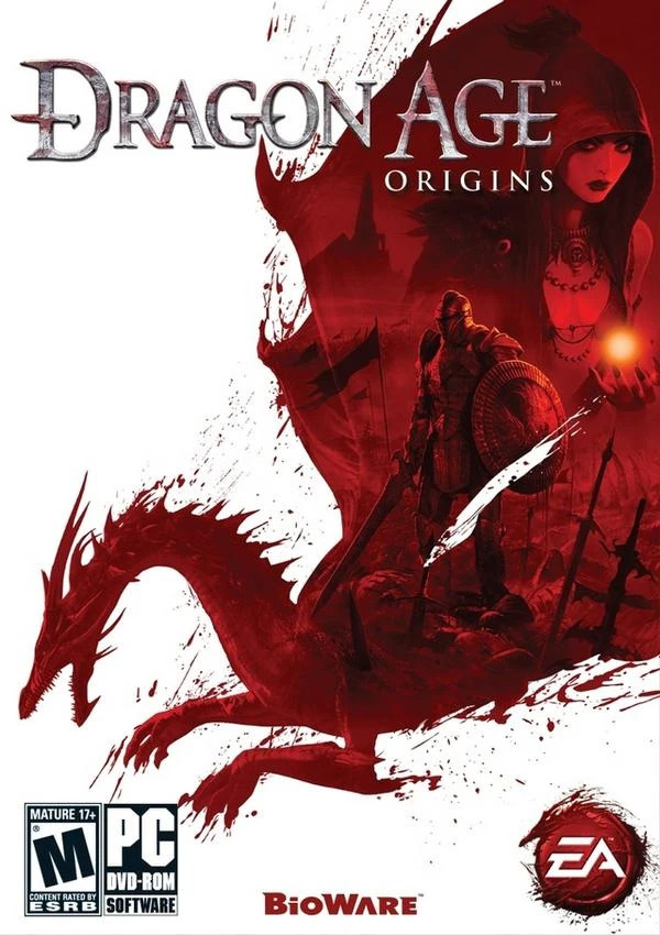 Cover art for Dragon Age: Origins. The logo appears at the top on a white background. Below it is a red dragon shape with a warrior figure, a hooded woman, and dark silhouettes worked into the red illustration.