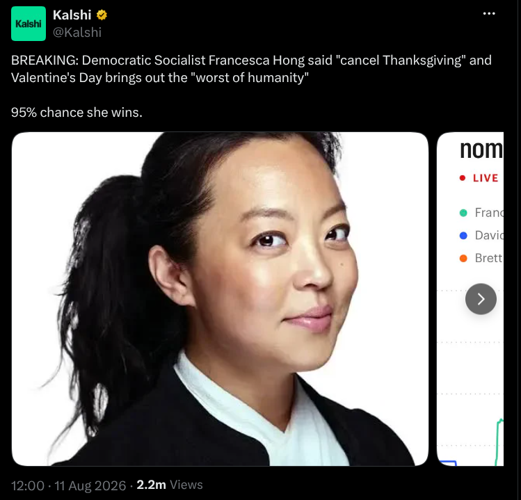 Tweet from Kalshi reading: BREAKING: Democratic Socialist Francesca Hong said “cancel Thanksgiving” and Valentine’s Day brings out the “worst of humanity”. 95% chance she wins.