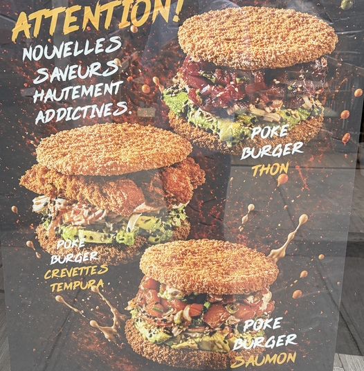 AI slop restaurant ad showing three types of poke burgers.