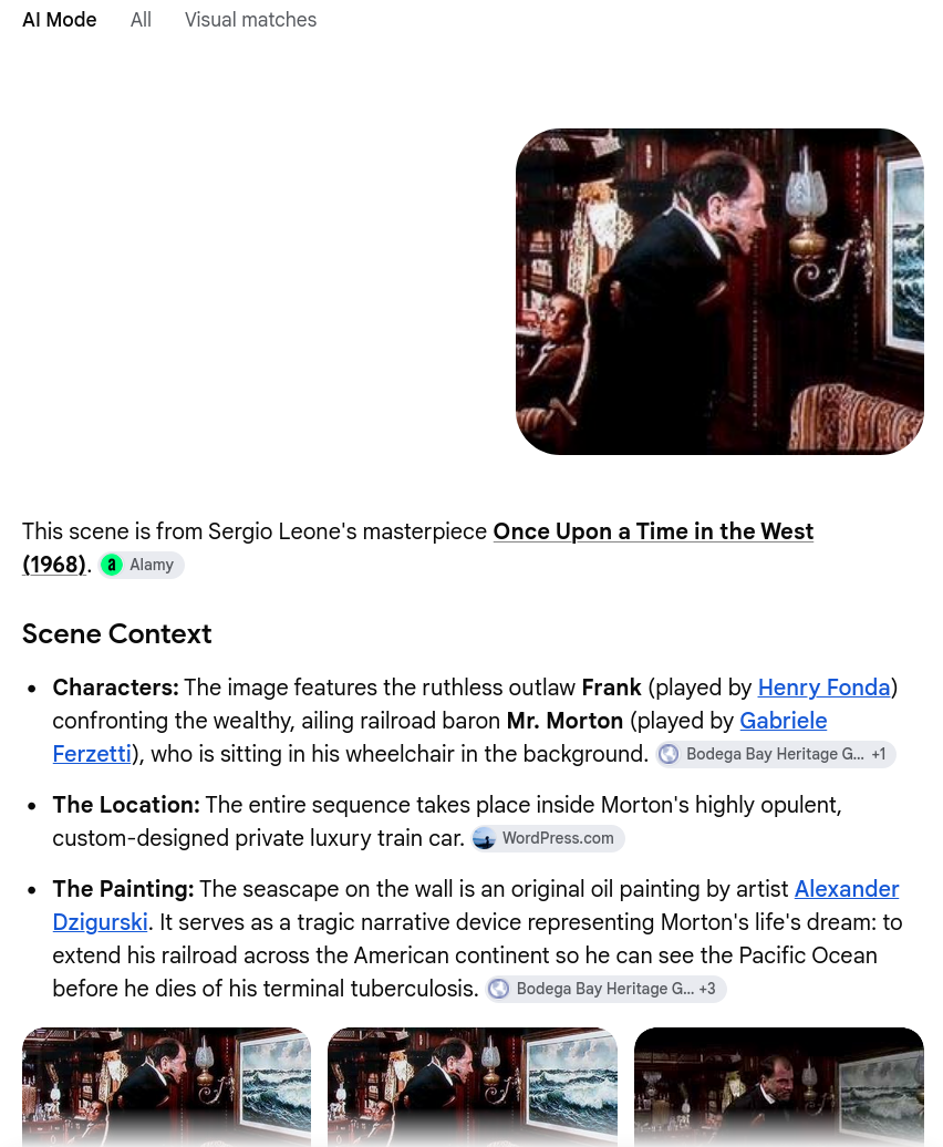 Google correctly identifies the still as Once Upon a Time in the West and describes Mr. Morton, his private train car, and the Dzigurski seascape.